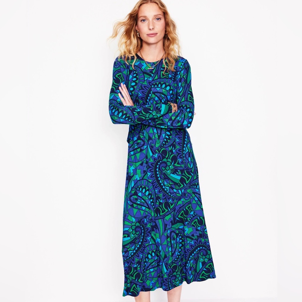 Boden Vibrant Blue and Green Long Sleeve Dress